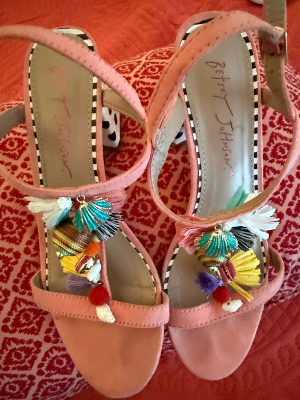 Betsey Johnson Pink Tassel Suede Sandals with polka dot Heels size 7